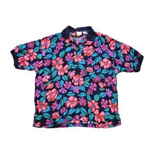 Vtg Izod Floral Polo Women L 90s Multicolor Artsy Preppy Retro Golf Cottage Boho